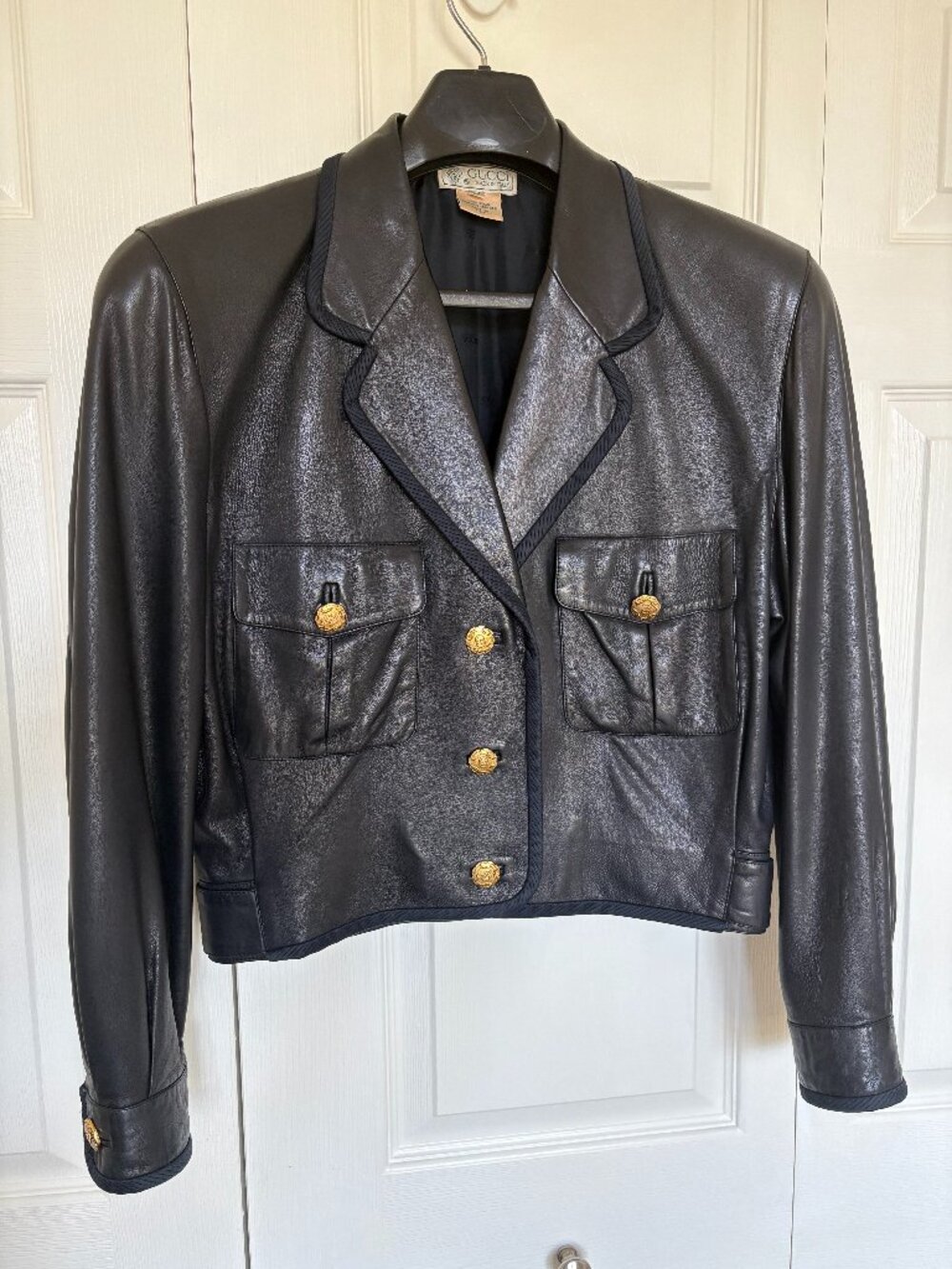 Vintage 1980s Gucci Black Leather Silk Trim Crest Button Jacket - IT 44 / US 8